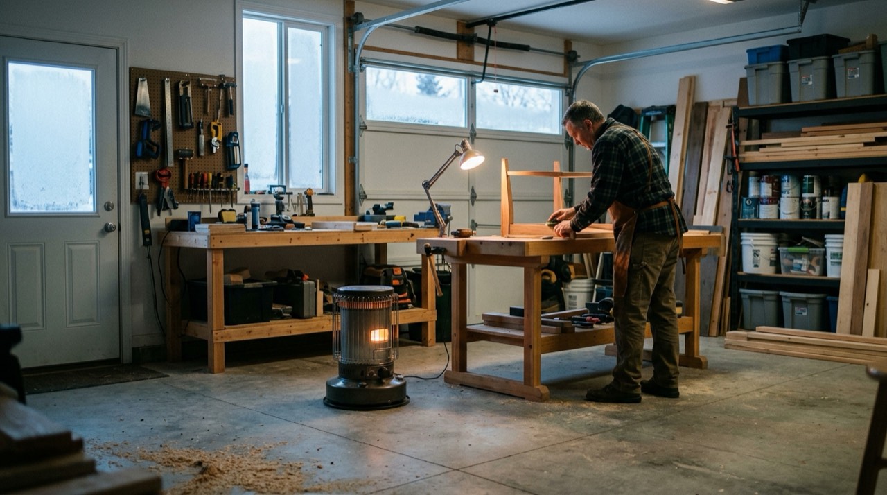 Propane heaters for garages and workshops — in use